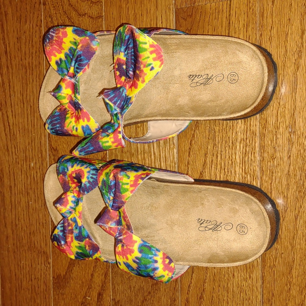 💦MATA Boardwalk👣16 Green/Yellow Double Bow Tie Died Sandals - Picture 9 of 10